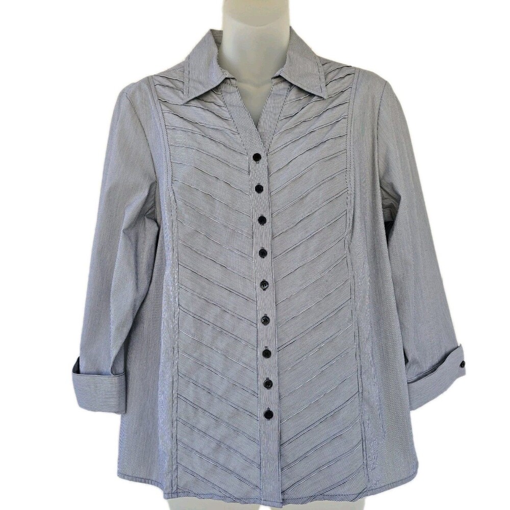Dressbarn 3/4 Sleeve Textured Front Button Up Shirt Size Large Gray Striped